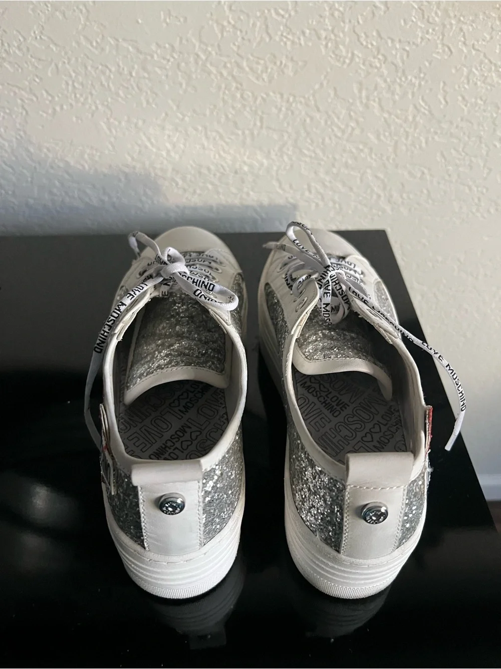 Moschino Silver Glitter Platform Sneakers with Red Heart Patch